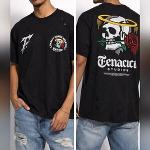 NWT Tenaciti Studios Skull Rose Graphic Tee Black Distressed Streetwear Men XXL